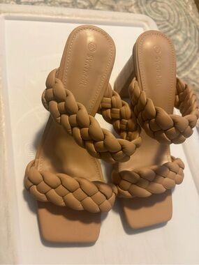 Braided Double-Strap Tan Heeled Sandals